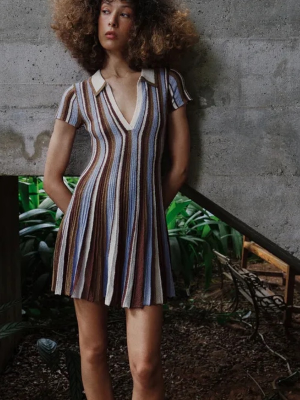 Zara Striped Polo Neck Knit Mini Dress Brown Blue Size L